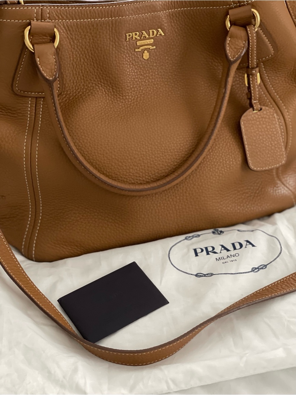 PRADA Brown Leather Tote Bag - Classic Pebbled Leather
